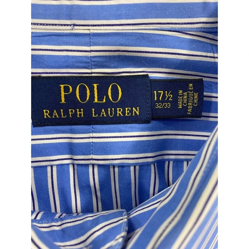 Polo by Ralph Lauren Mens Dress Shirt 17.5 32/33‎ Blue White Striped Pony Logo